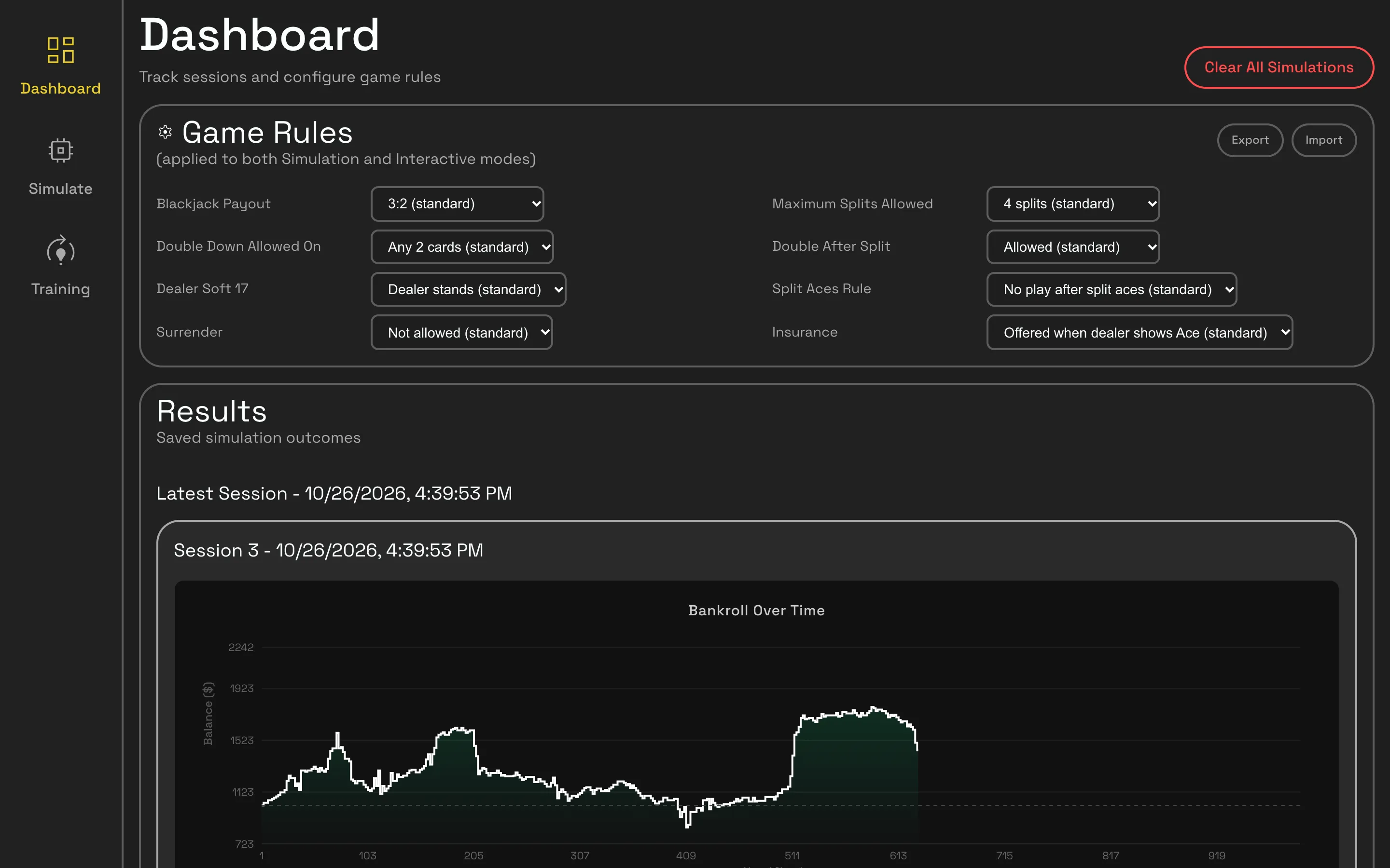 Blackjack Trainer, dashboard